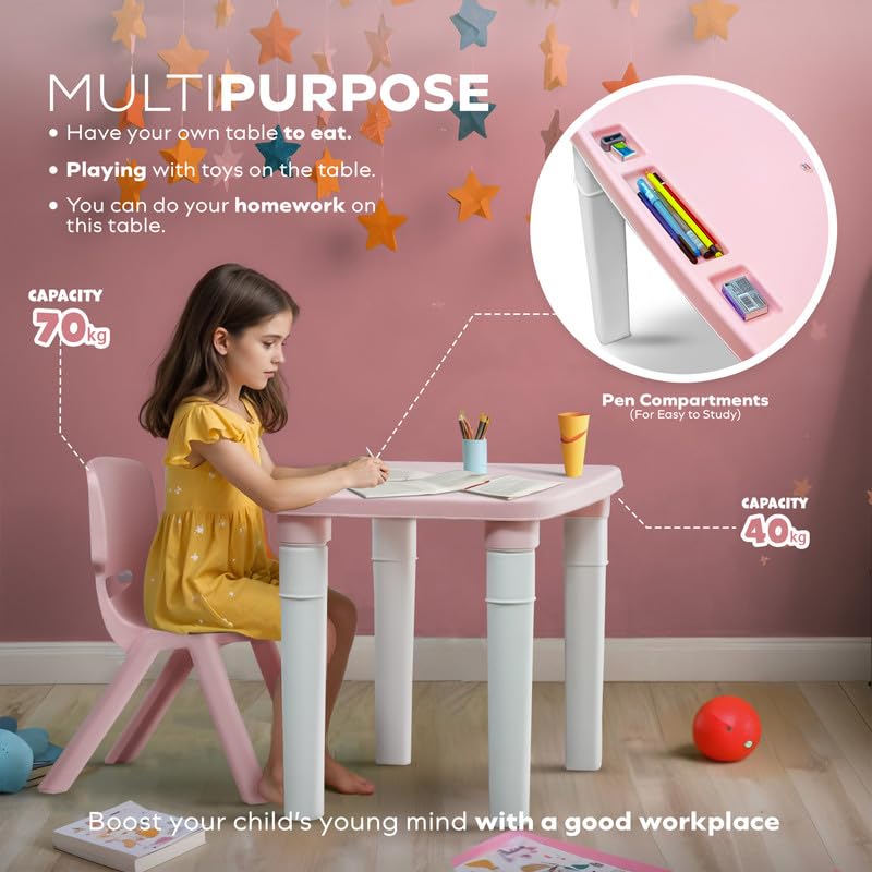Kids Table & Folding Chair Set β Rectangle Polypropylene Table with Storage, 3-Level Height Adjustable, Lightweight, Safe & Durable, Pink & Light Blue (For Toddlers & Kids)