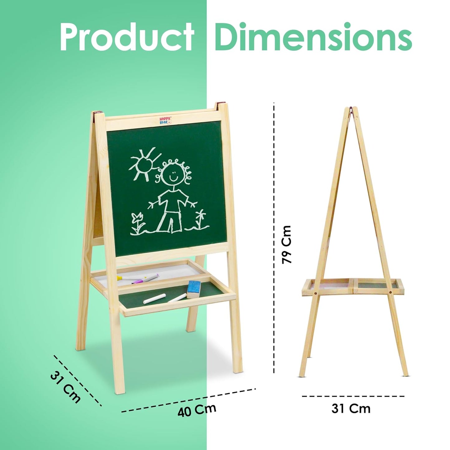 2-in-1 Wooden Kids Easel Board β Double-Sided Whiteboard & Chalkboard with Marker, Duster & Chalk | Standing Educational Board for Toddlers (H40 Γ L79 cm)