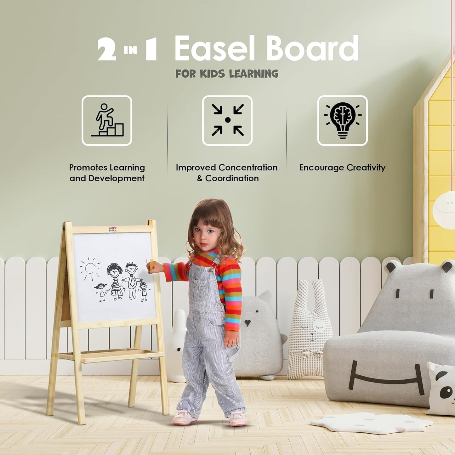 2-in-1 Wooden Kids Easel Board β Double-Sided Whiteboard & Chalkboard with Marker, Duster & Chalk | Standing Educational Board for Toddlers (H40 Γ L79 cm)