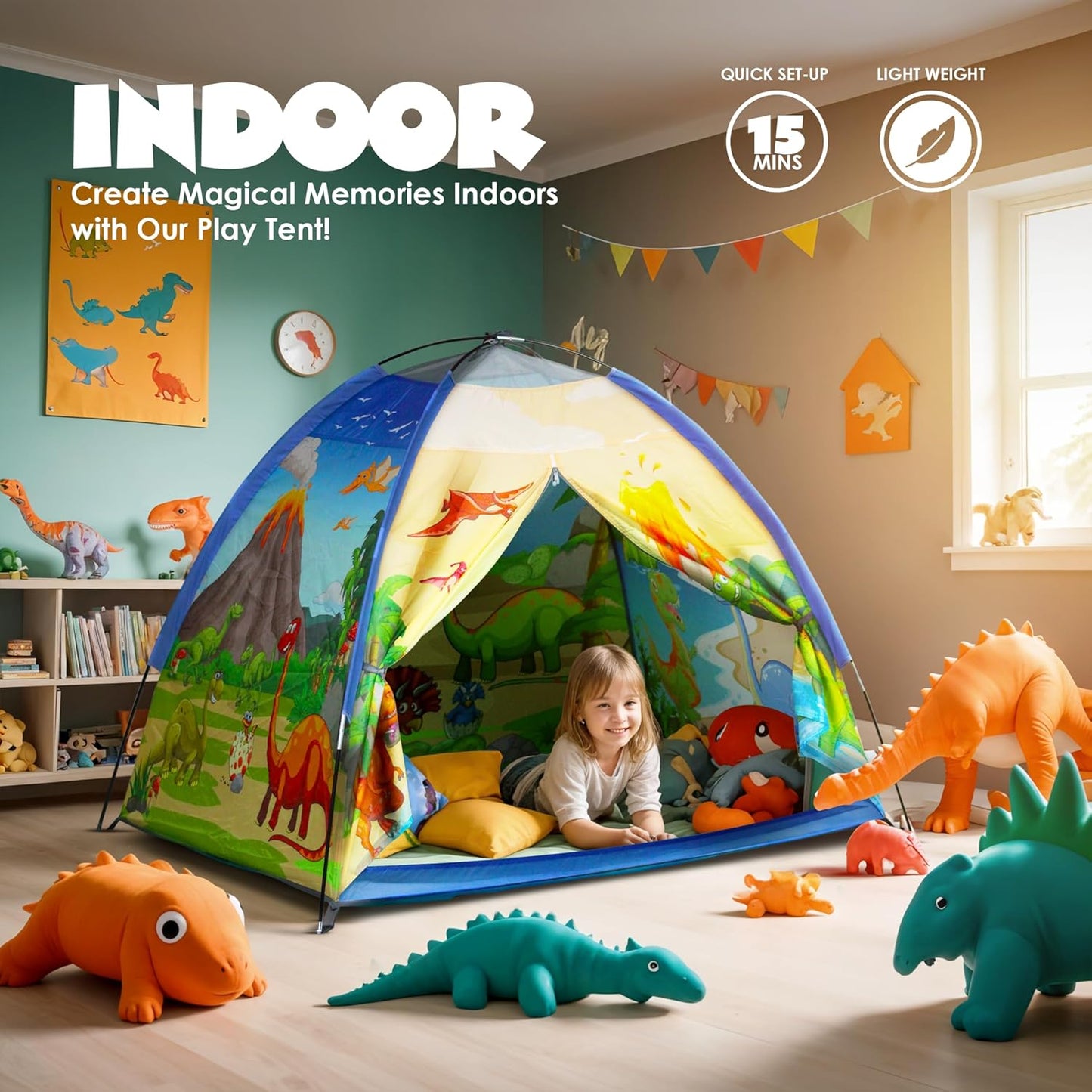 Kids Foldable Play Tent – Indoor & Outdoor Playhouse, Dinosaur Theme, Water-Repellent, Easy Assembly, Portable Storage (2+ Years)