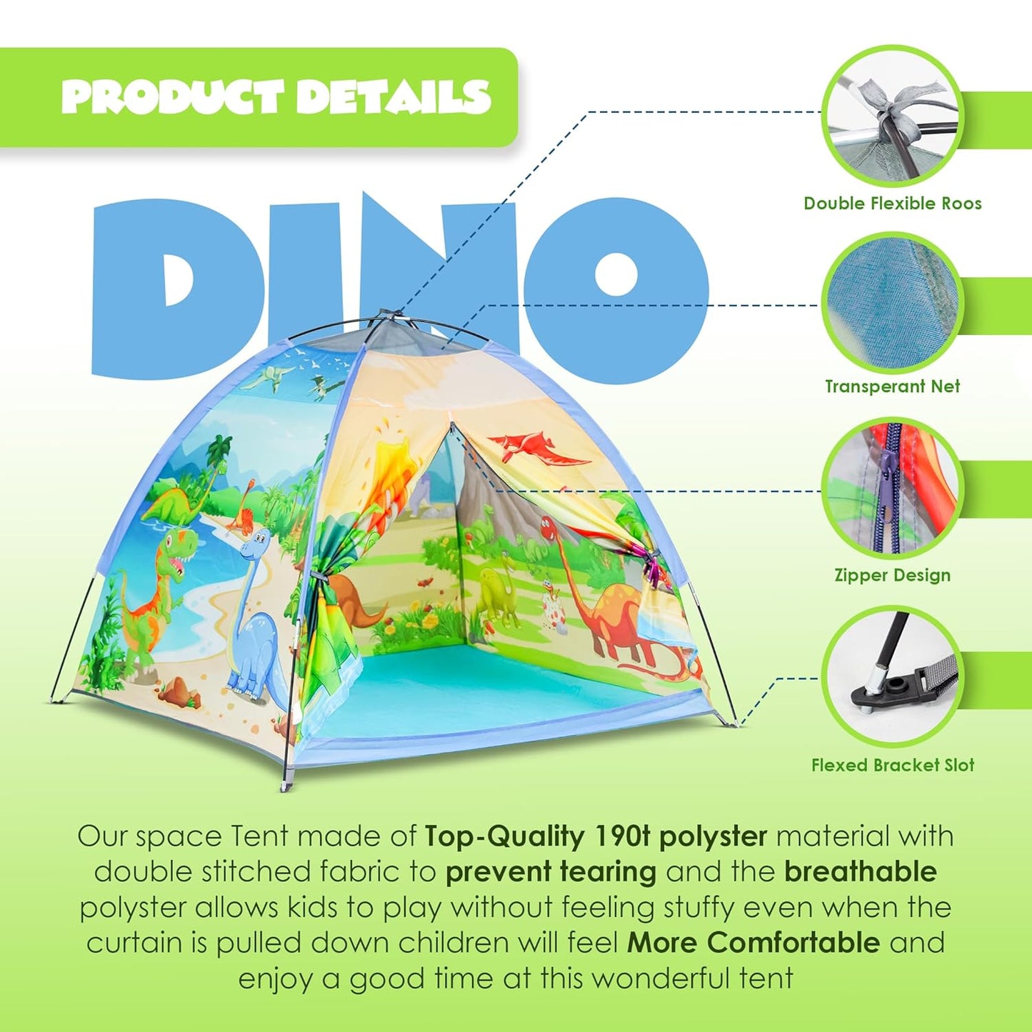 Kids Foldable Play Tent – Indoor & Outdoor Playhouse, Dinosaur Theme, Water-Repellent, Easy Assembly, Portable Storage (2+ Years)