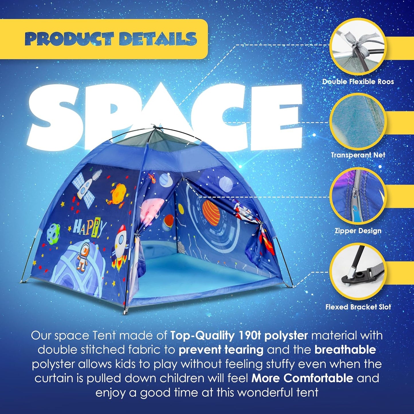 Kids Foldable Space-Themed Play Tent β Indoor & Outdoor Playhouse, Water-Repellent, Lightweight, 2-Person (2+ Years)