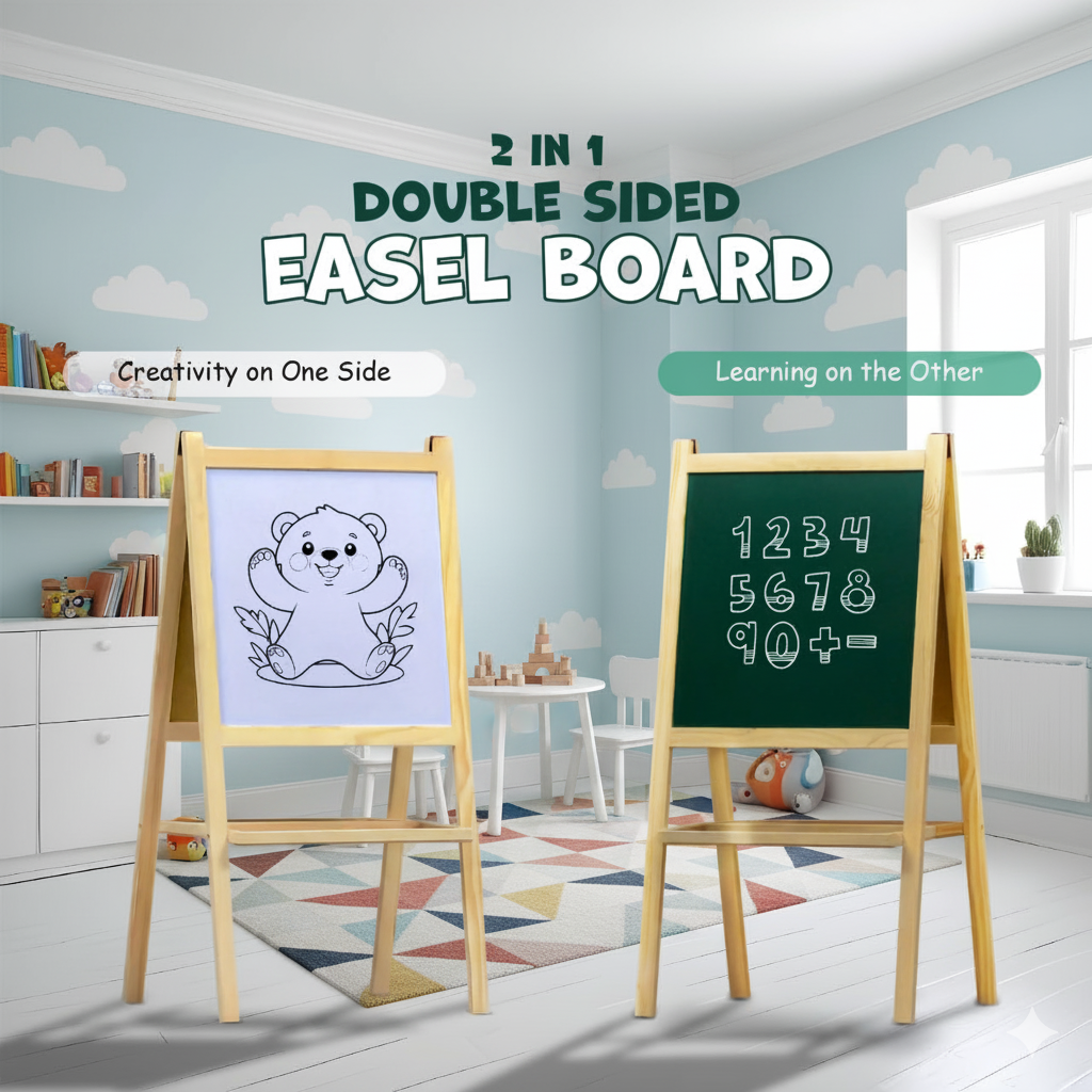 2-in-1 Wooden Kids Easel Board β Double-Sided Whiteboard & Chalkboard with Marker, Duster & Chalk | Standing Educational Board for Toddlers (H40 Γ L79 cm)