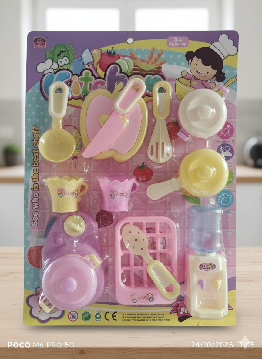 Deluxe Pink & Yellow Plastic Pretend Play Kitchen Cookware and Food Set with Chef Character, Featuring Frying Pan, Mixing Spoon, Slicer, Cut-Apart Apple, and Water Dispenser Toy for Children Ages 3+