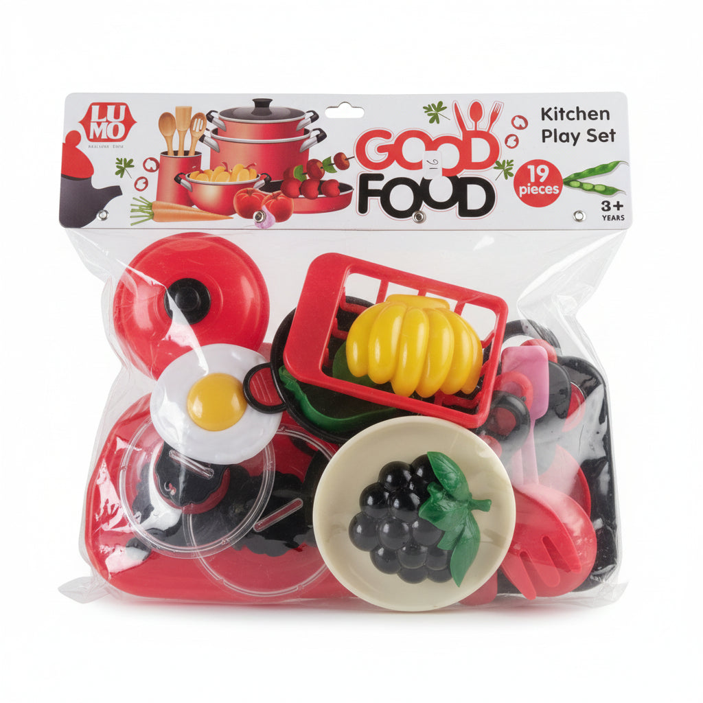 "GOOD FOOD" Children's Red Kitchen Role Play Toy (19 pieces) - Prepaid only