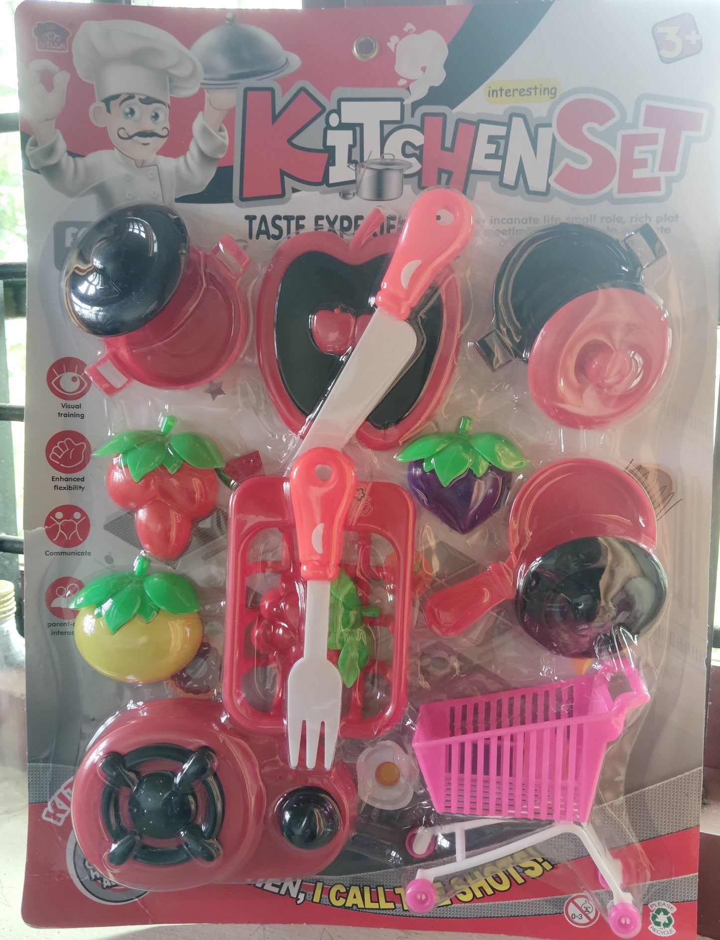 Here is a long, descriptive title for the image:  Vibrant Kids' Imaginative Role-Play Kitchen Accessory Set with Miniature Food, Cookware, and Shopping Basket