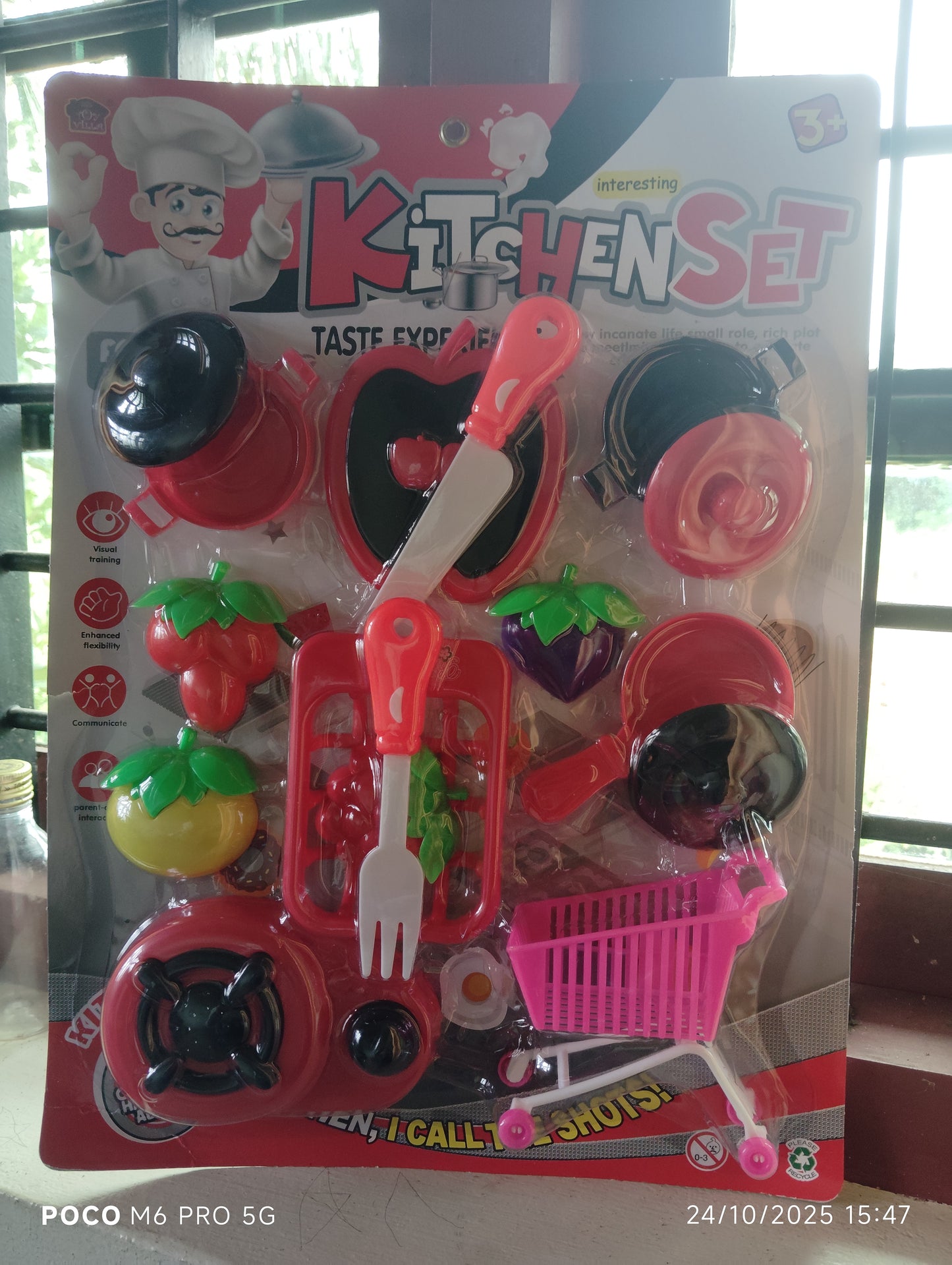 Here is a long, descriptive title for the image:  Vibrant Kids' Imaginative Role-Play Kitchen Accessory Set with Miniature Food, Cookware, and Shopping Basket