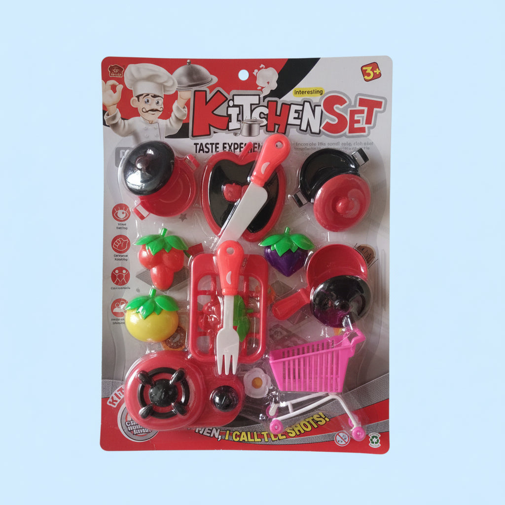 Kids Pretend Play Kitchen Set with Food, Cookware & Basket