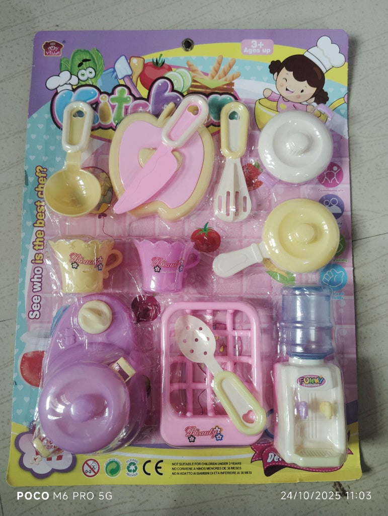 Deluxe Pink & Yellow Plastic Pretend Play Kitchen Cookware and Food Set with Chef Character, Featuring Frying Pan, Mixing Spoon, Slicer, Cut-Apart Apple, and Water Dispenser Toy for Children Ages 3+