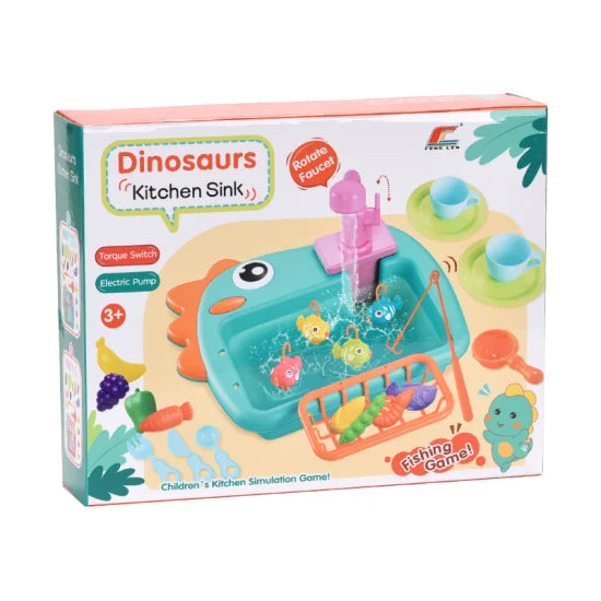 Electric Kitchen Sink Toy for Kids – Dinosaur Water Play, Fishing Game & Pretend Cooking Set (3+)