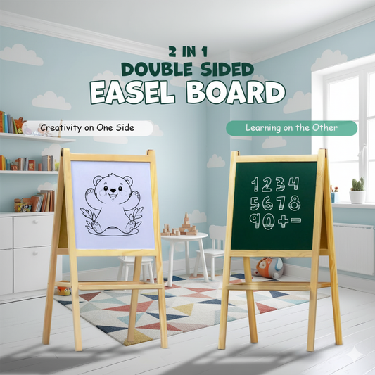 2-in-1 Wooden Kids Easel Board – Double-Sided Whiteboard & Chalkboard with Marker, Duster & Chalk | Standing Educational Board for Toddlers (H40 × L79 cm)