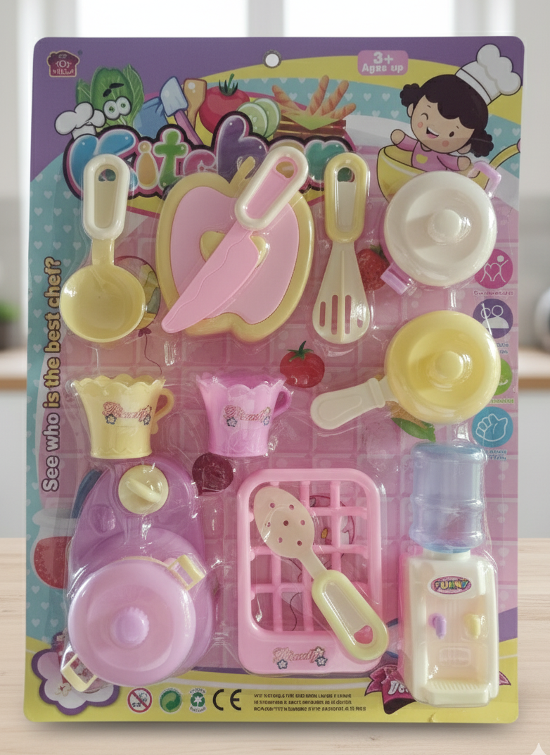 Deluxe Pink & Yellow Plastic Pretend Play Kitchen Cookware and Food Set with Chef Character, Featuring Frying Pan, Mixing Spoon, Slicer, Cut-Apart Apple, and Water Dispenser Toy for Children Ages 3+