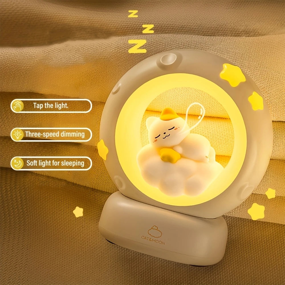 Cute Sleeping Cat Moon Night Lamp | USB Rechargeable Cartoon LED Bedside Light