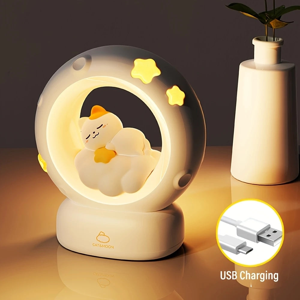 Cute Sleeping Cat Moon Night Lamp | USB Rechargeable Cartoon LED Bedside Light