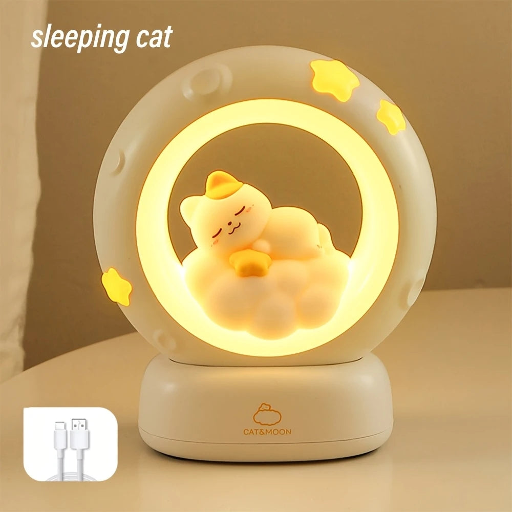 Cute Sleeping Cat Moon Night Lamp | USB Rechargeable Cartoon LED Bedside Light