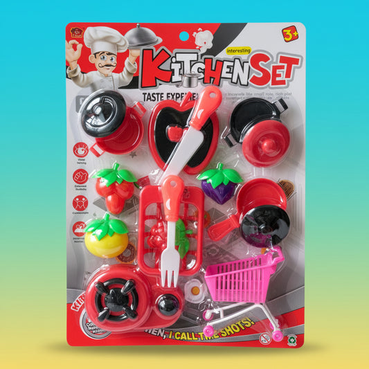 Kids Pretend Play Kitchen Set with Food, Cookware & Basket